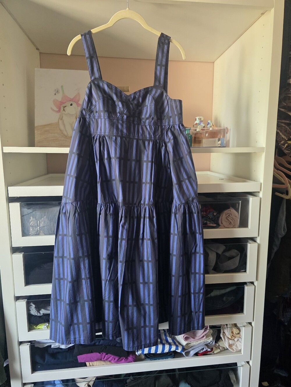 Caron Callahan Navy and Lavender Plaid Tiered Sundress